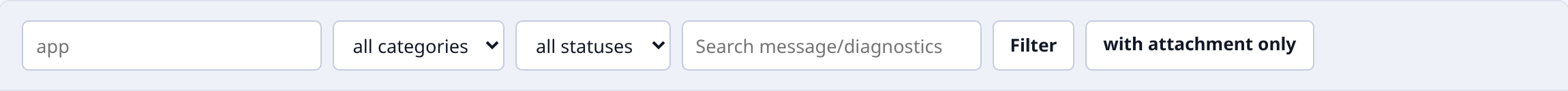 Filter toolbar for app, category, status, and search