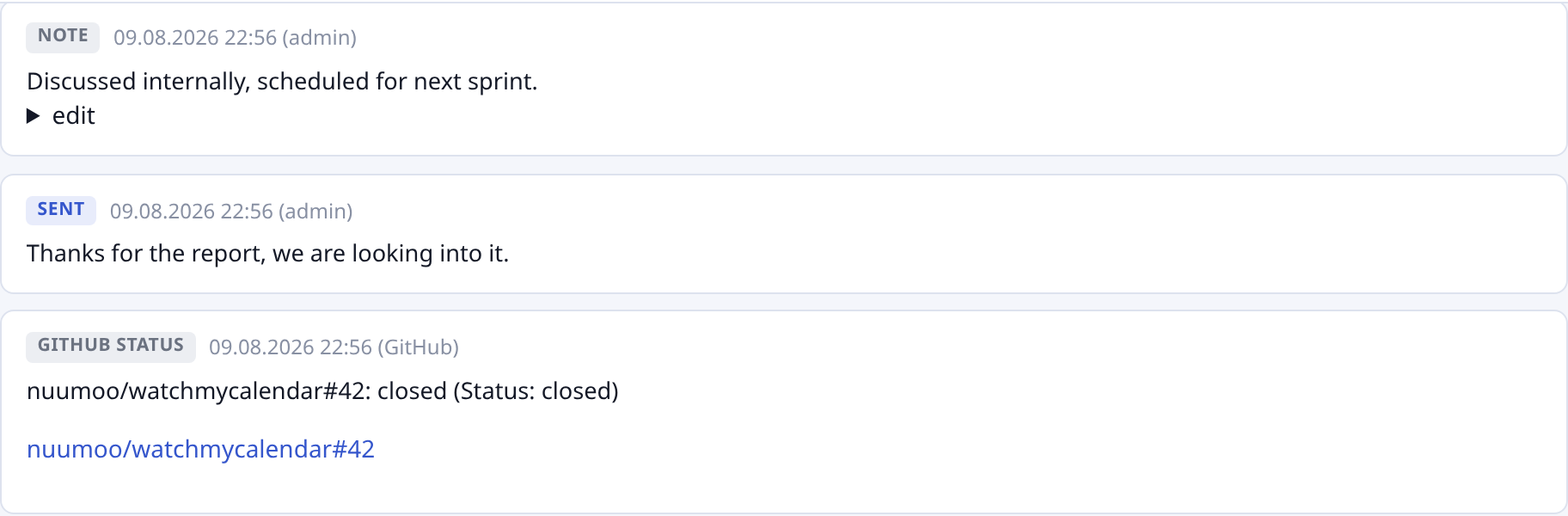 Timeline showing a note, a sent reply, and a GitHub status change